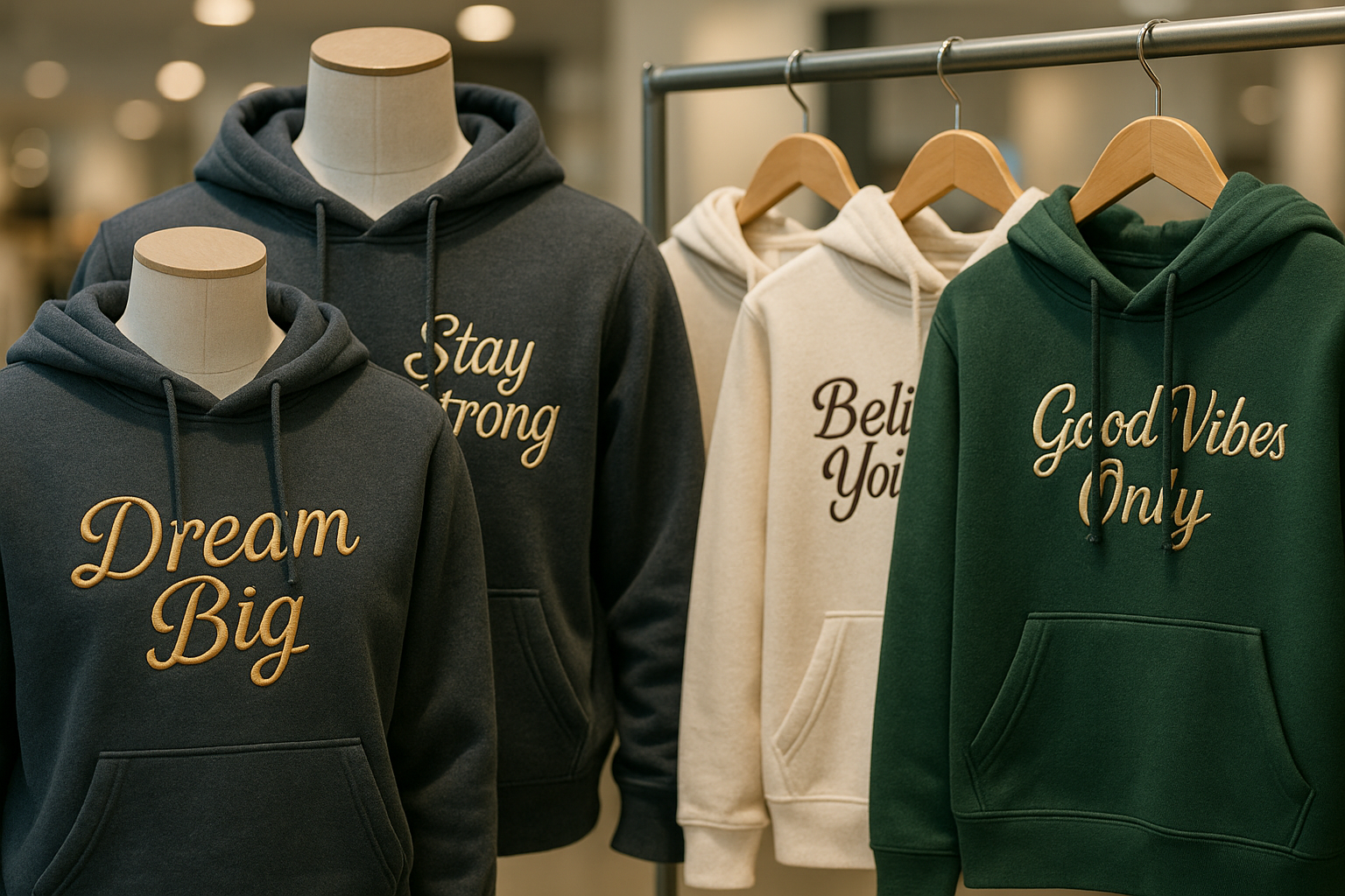 Realistic hoodies with quotes embroidered designs 