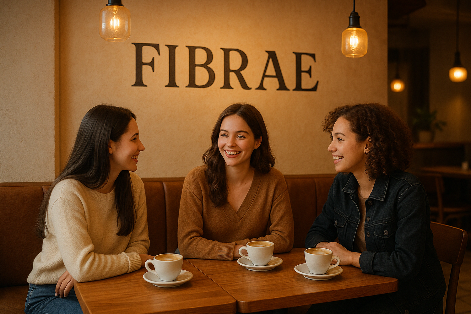 three girl fiends in a cafe facing the wallwith fibrae written on it